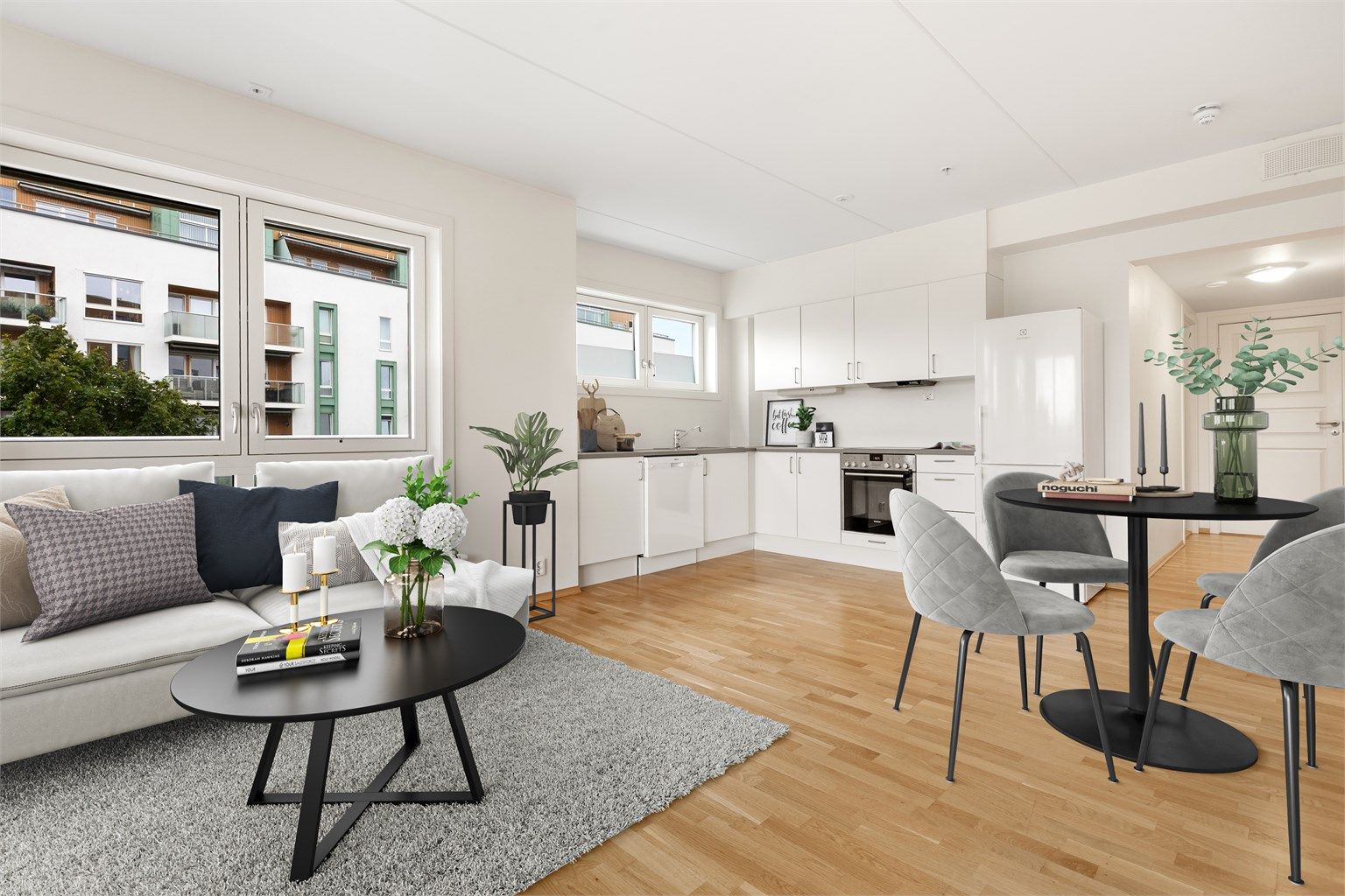 Lys og innbydende 2-roms med åpen kjøkken/stue-løsning (digital styling)