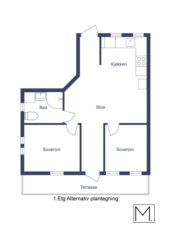 Alternativ plantegning med 2 soverom