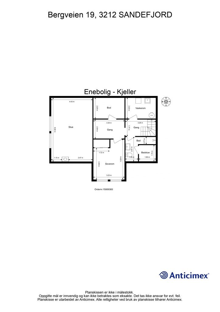 Plantegning kjeller [ Soverom og stue/ kjellerstue;  ikke godkjent til varig opphold. Innredning av rommene til bruk for varig opphold er ikke bruksendret/omsøkt og er heller ikke godkjent av kommunen. ]