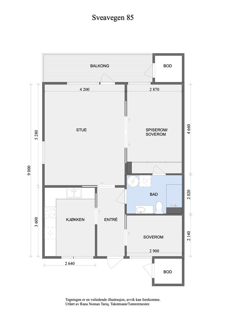 Plantegningen viser en arealeffektiv endeleilighet