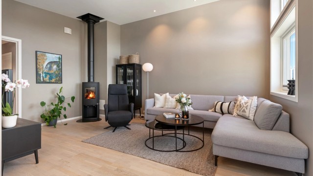 Effektiv oppvarming med moderne ildsted i stuen.