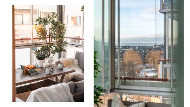 Balkongen har god plass til utemøblement og inviterer til hyggelige stunder utendørs, enten det er morgenkaffen eller sene sommerkvelder.