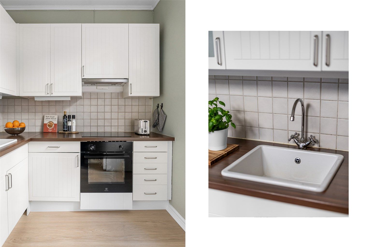 Kjøkkenet er utstyrt med integrert platetopp og stekeovn, samt oppvaskmaskin og kullfilterventilator.