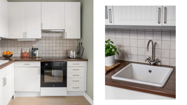 Kjøkkenet er utstyrt med integrert platetopp og stekeovn, samt oppvaskmaskin og kullfilterventilator.