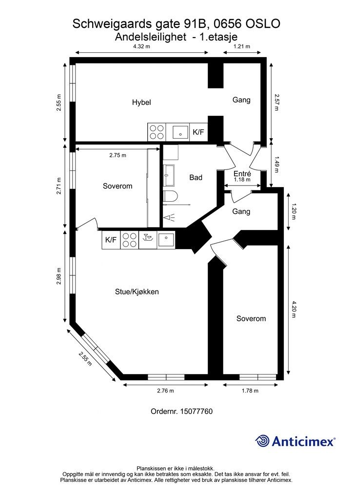 Plantegning. Innhold: entré og bad, hoveddel med gang, to soverom, kjøkken og stue, i tillegg til egen hybeldel.