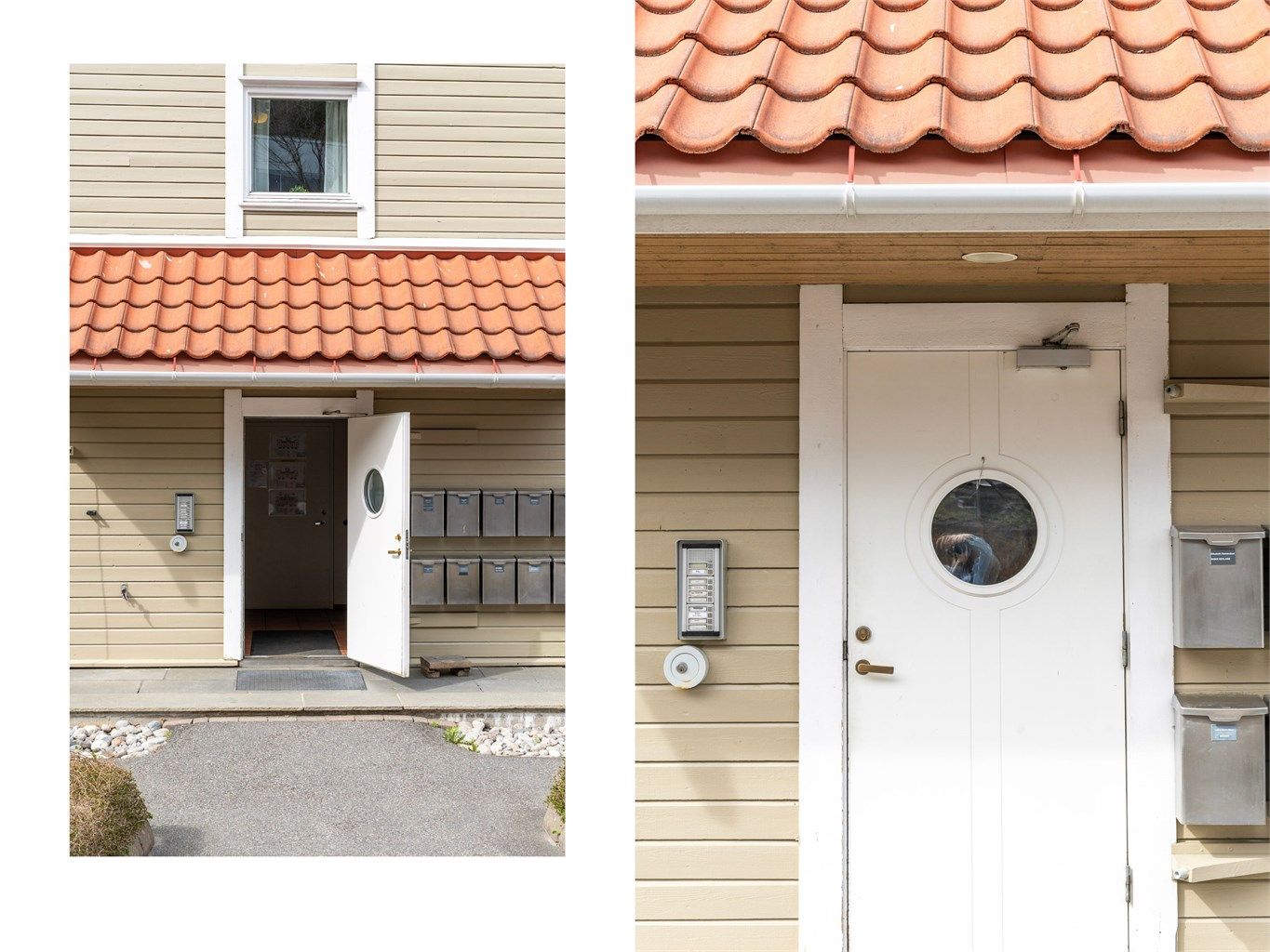 Felles inngangsparti med postkasser og ringeklokke med porttelefon.