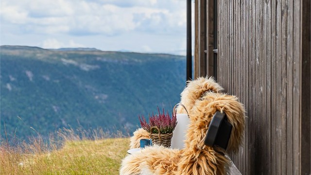 Utebenk plassert langs fasaden for å nyte utsikten mot fjellene.