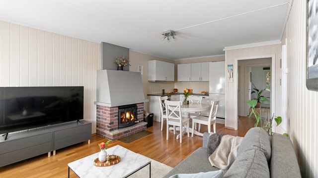 I stuen har du en koselig peis som gir både varme og hygge