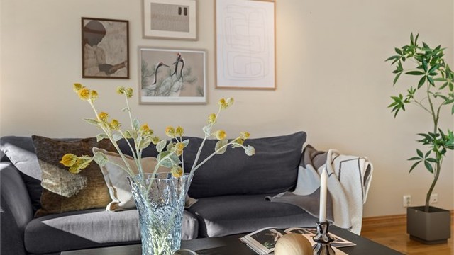 Sofagruppe med salongbord og dekorative detaljer.