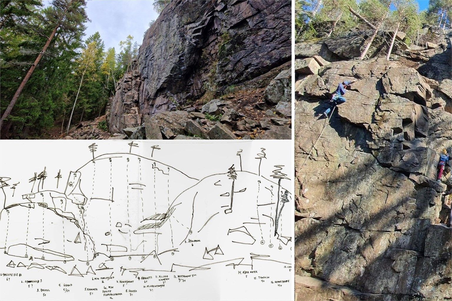 Få minutter gjennom skogen finner du klatreveggen på Isdammen, et velkjent crag for Oslo-klatrere. På denne 17m høye veggen ble det i 2020 boltet opp på nytt med 15 ulike ruter mellom grad 4 og 7+