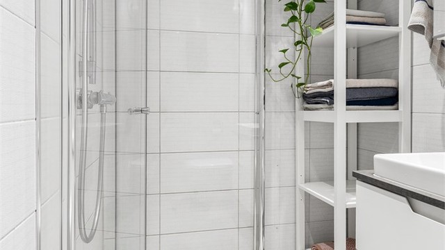 Badet er innredet med dusjhjørne med innfellbare dører.