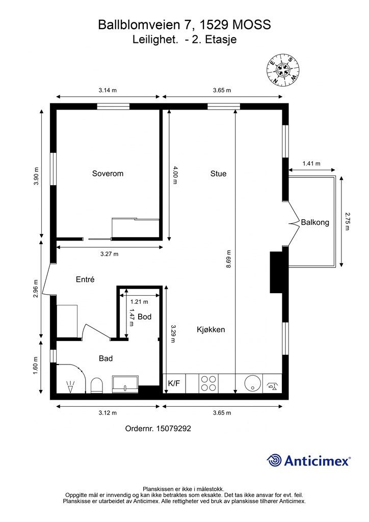 Veiledende planskisse. Leiligheten disponerer også en ekstern bod på bakkeplan.