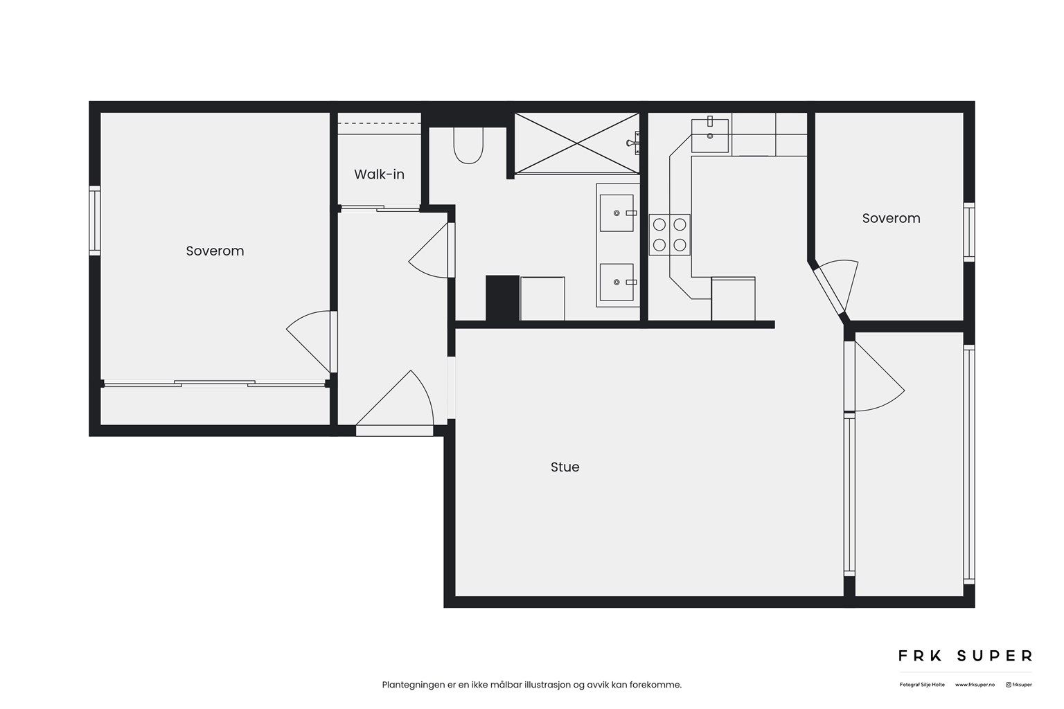 En arealeffektiv planløsning på 62 m² med et soverom, et kontor, bad og en åpen stue- og kjøkkenløsning.