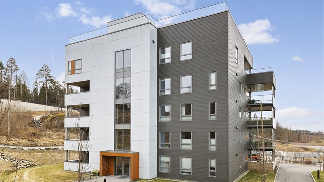 Fellesarealene er opparbeidet med asfalterte veier, lekeplass, plenarealer og diverse beplantning.