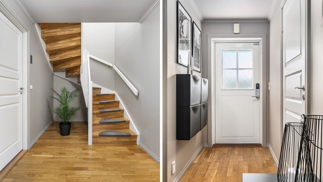 Elektronisk kodelås på inngangsdøren gir nøkkelfri tilgang til boligen.