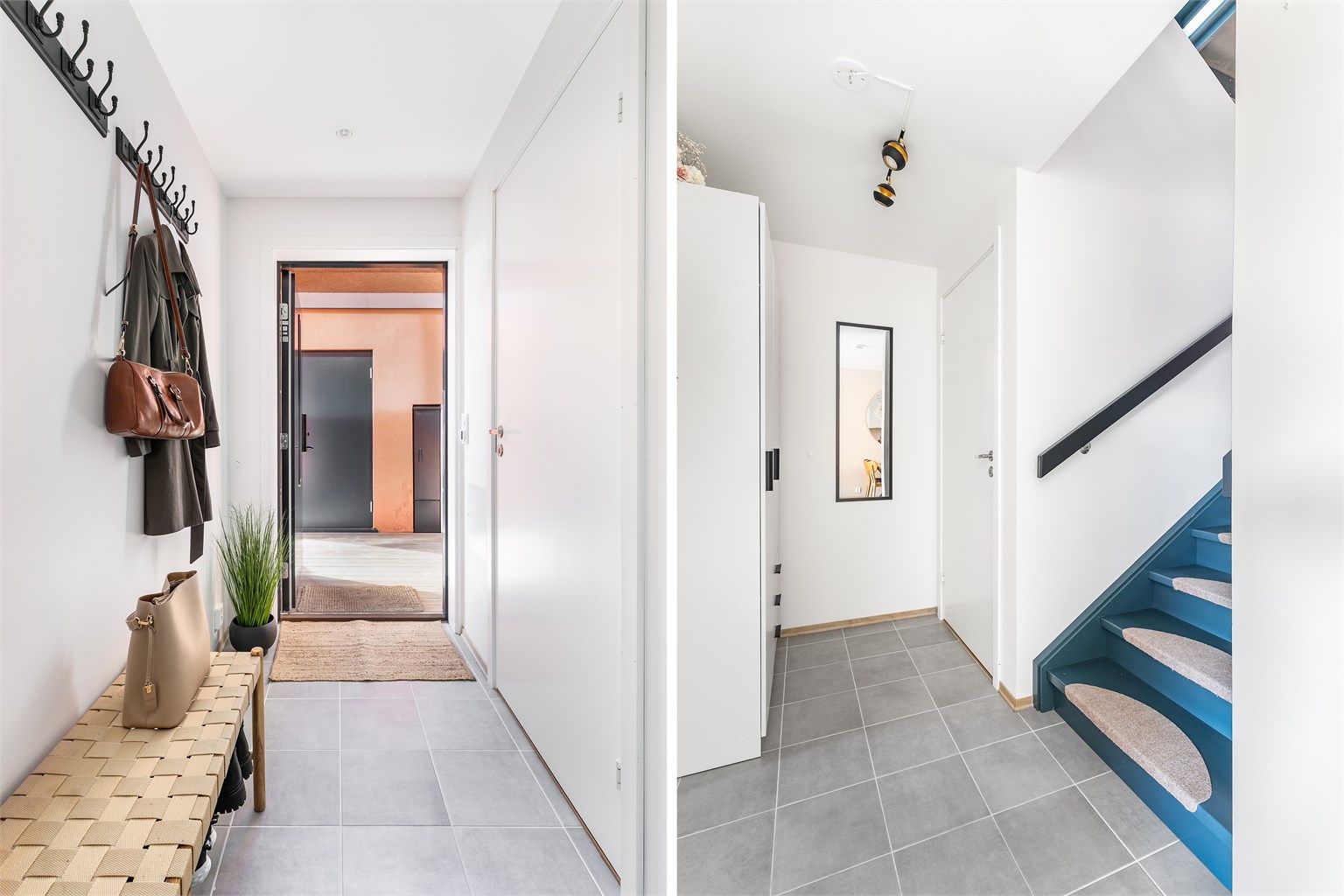 Entreen kan lukkes av med skyvedør. Fliser er lagt gjennomgående til gangen. Under trappen finnes bod med tekniske installasjoner.