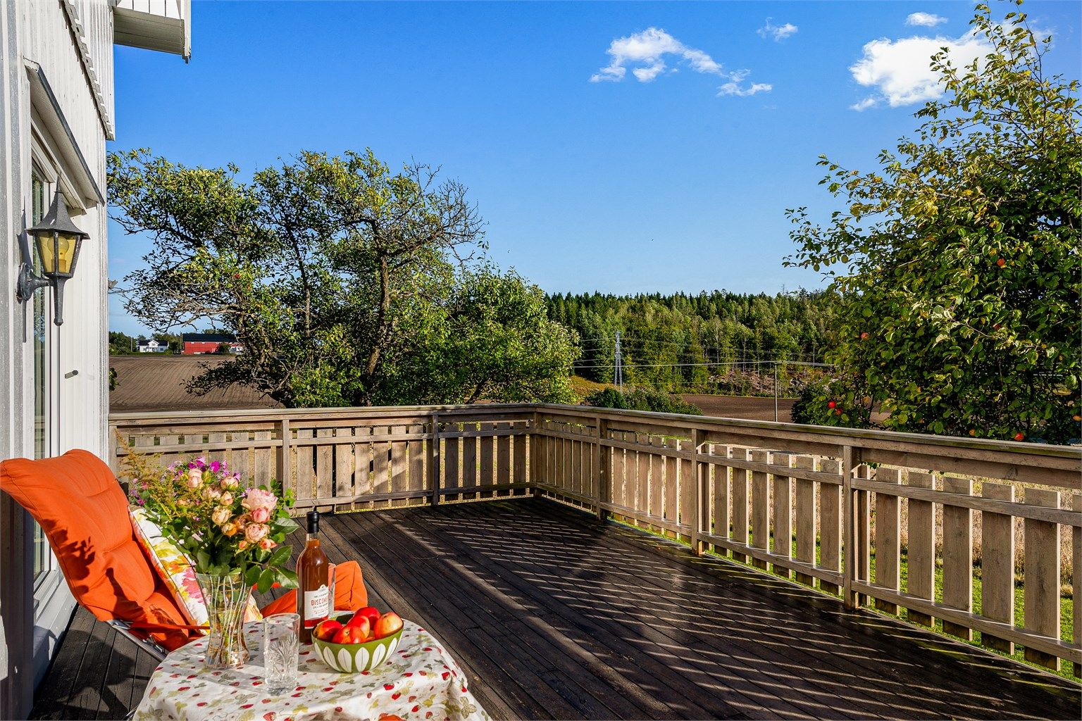 Verandaen har tregulv og god plass til utemøbler med utsikt over åkrene.