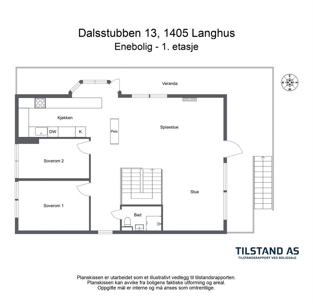 1. etasje er en sosial sone med stue og kjøkken i delvis åpen løsning, to soverom og bad. Fra stuen er det utgang til terrasse.