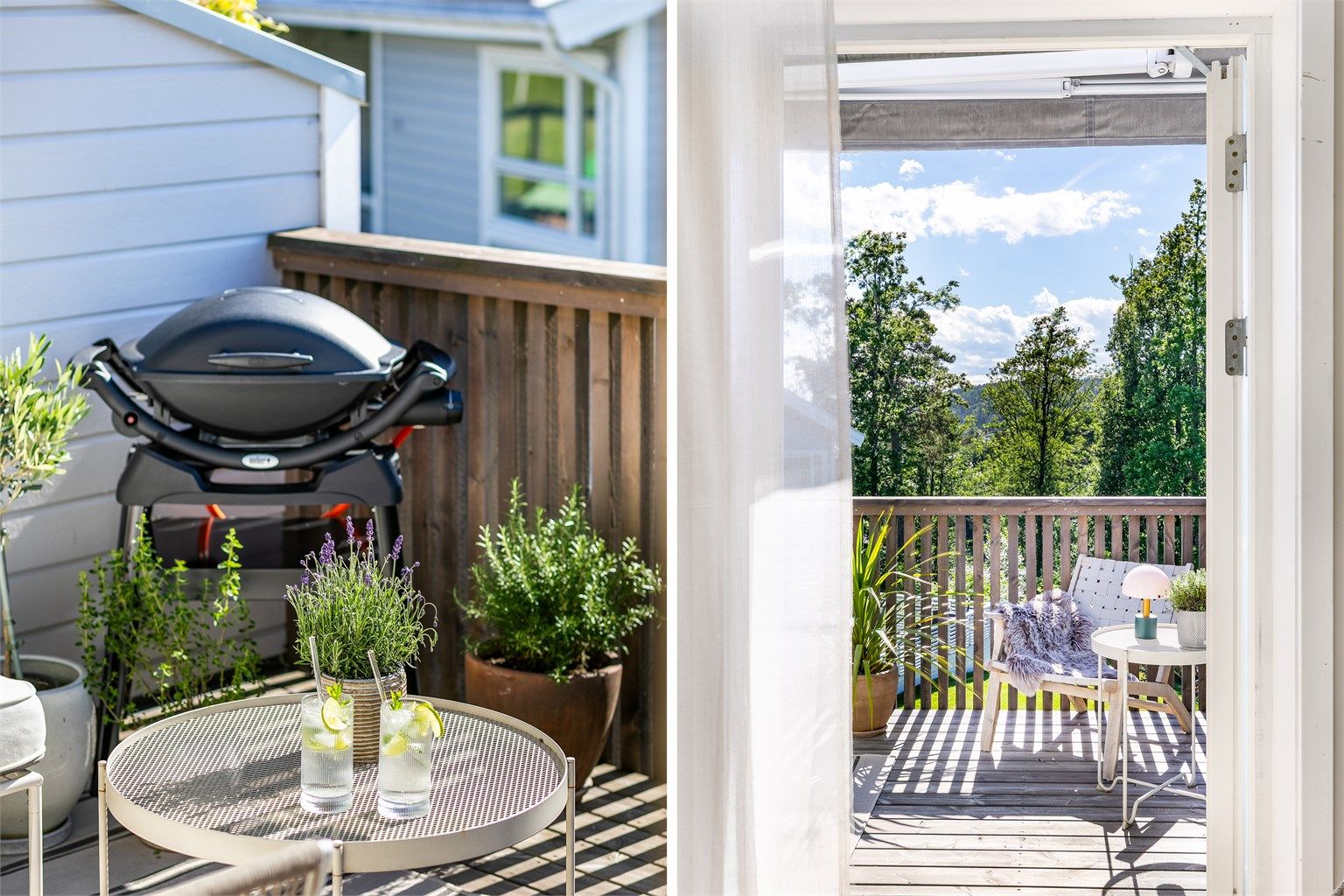Sjøgløtt sees også fra stuen. Med balkongdøren åpen slipper sommerbrisen inn.