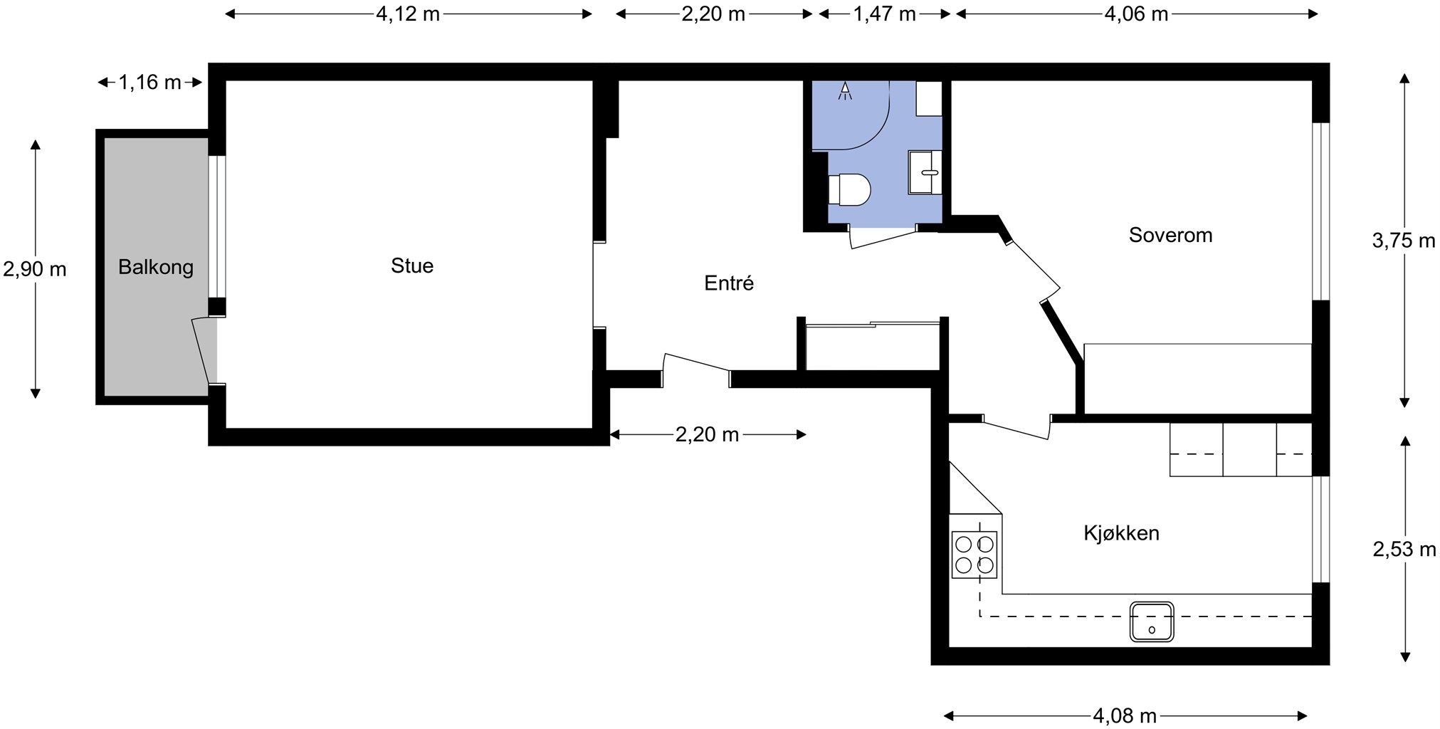 Planløsningen er en romslig 2-roms, perfekt for deg som ønsker separate soner matlaging og opphold. 