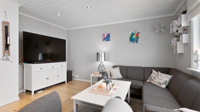 En egen sone for TV-krok gir en naturlig inndeling av stuen.
