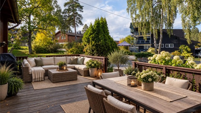 To store terrasser på hver side av huset som inviterer til lange sommerdager. Digital styling til illustrasjon