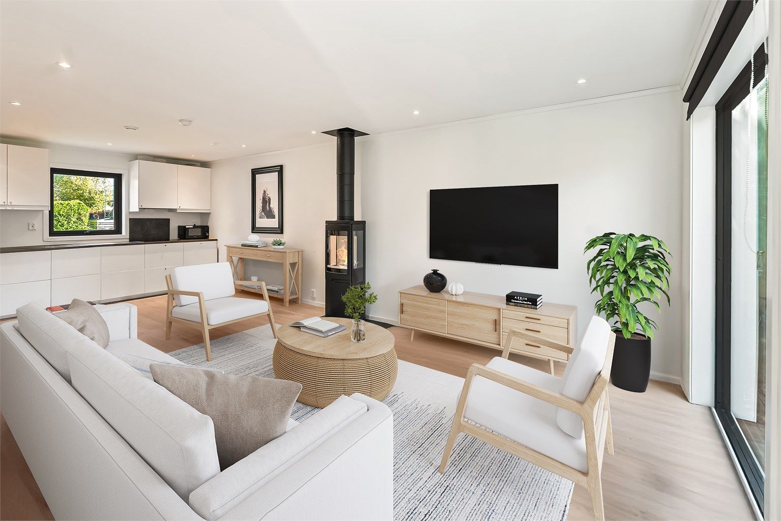 Stue med åpen kjøkkenløsning, digitalstylet. Bilde er tatt i en tilsvarende bolig