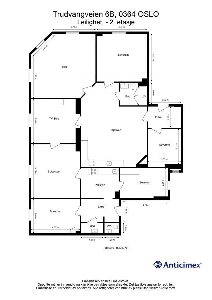 Plantegning. Leiligheten har vært benyttet som to leiligheter med branndør mellom spisestue og TV-stue