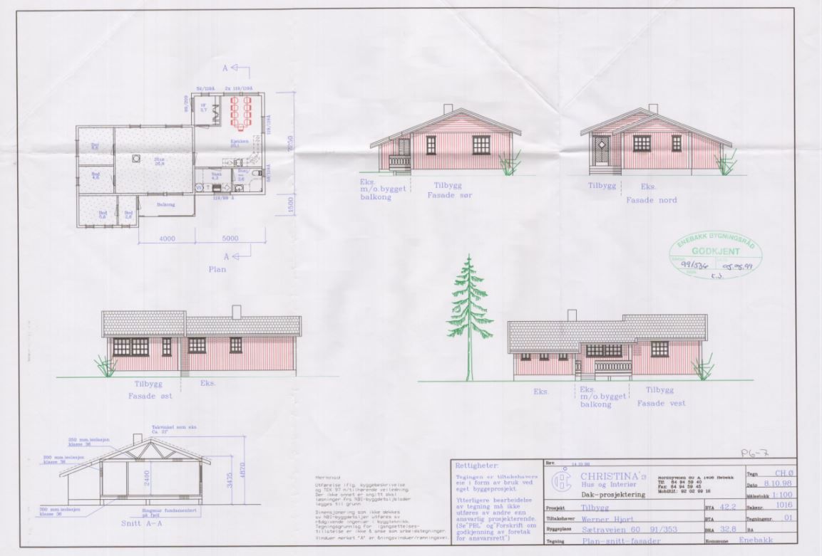 Byggetegninger fra arkitekt - Tilbygget er fra 1999 (inngang, kjøkken, spisestue, vaskerom, bad)