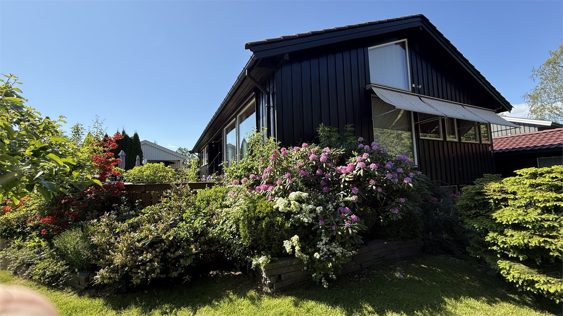 Hagen er pent opparbeidet med plen og diverse beplantning som skaper en privat og grønn ramme. (Privat sommerbilde.)