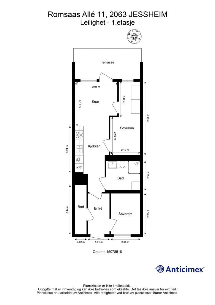 Leiligheten har en arealeffektiv planløsning med to soverom, innvendig bod og åpen sone for stue og kjøkken. Plantegningen er målsatt.