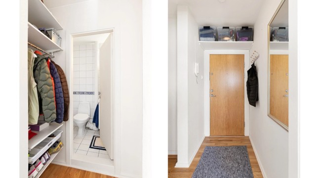 Entréen er godt utnyttet med ekstra lagringsplass over inngangsdøren. Fra entrén er det inngang til badet.