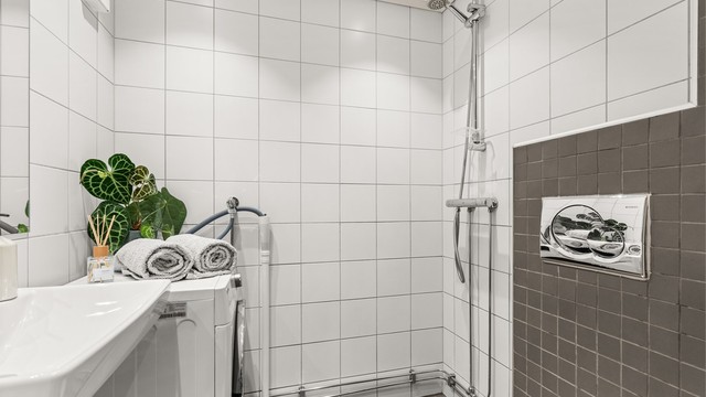 Badet er utstyrt med dusjhjørne og vegghengt toalett for enklere renhold.