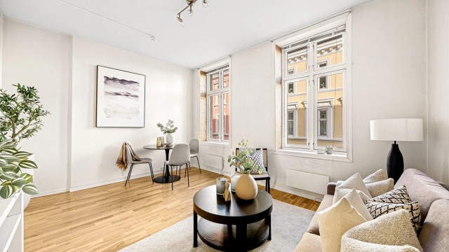 Det er plass til både sofaseksjon og spisebord med tilhørende møblement.