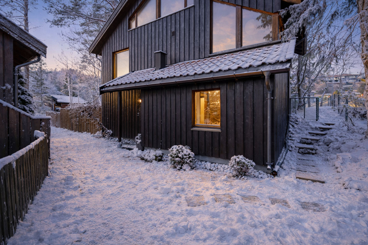 Arkitekttegnet enebolig i blindvei. Attraktivt og barnevennlig område. Solrik, inngjerdet naturtomt. Garasjeplass. Foto: Trond Reder