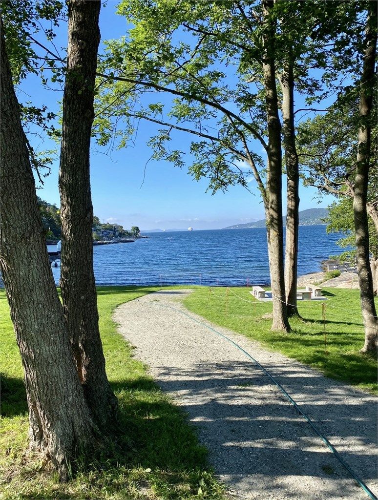 Det er kort gangavstand til stranden ved Elleskjær. (Privat sommerbilde.)