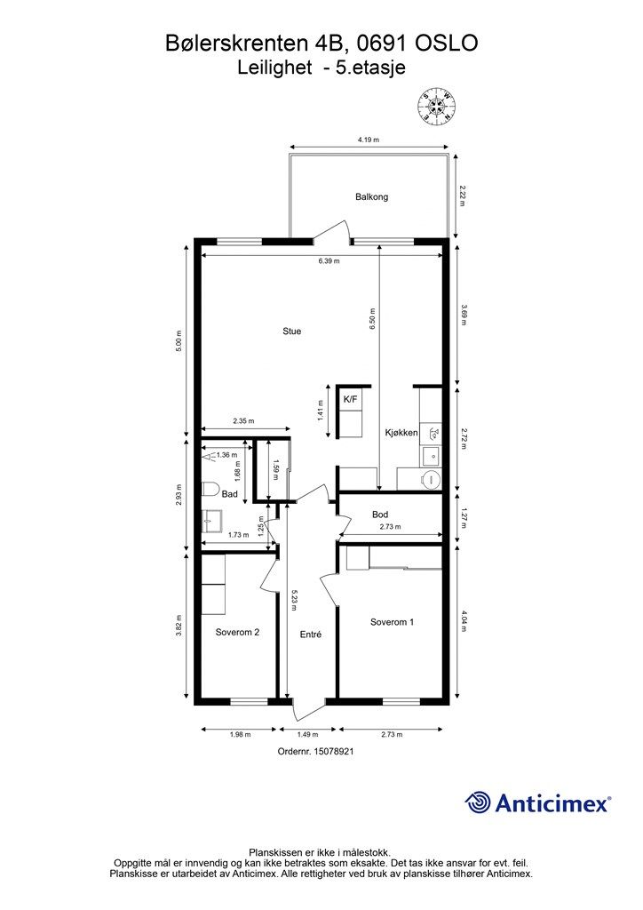 Leiligheten på 77 m² har en god planløsning med to soverom, stue, kjøkken, bad og innvendig bod.