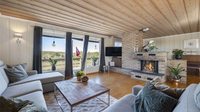 Store vindusflater i stuen gir godt med lys og utsikt over nærområdet.