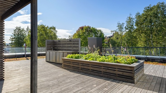 Innebygde plantekasser i tre rammer inn oppholdsplassene på taket.