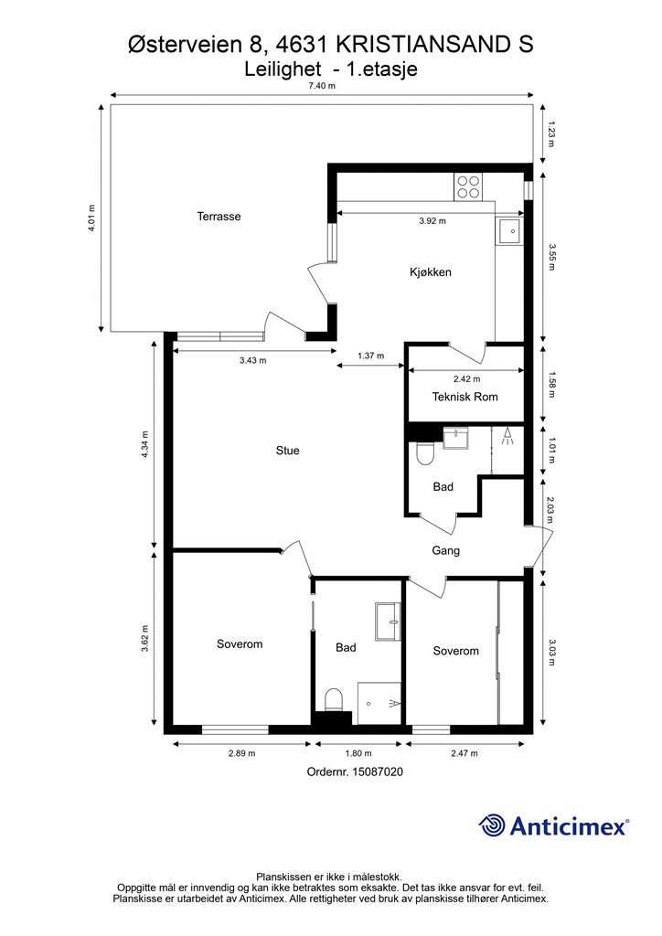 Plantegning m/ mål (ikke i målestokk, avvik kan dermed forekomme)