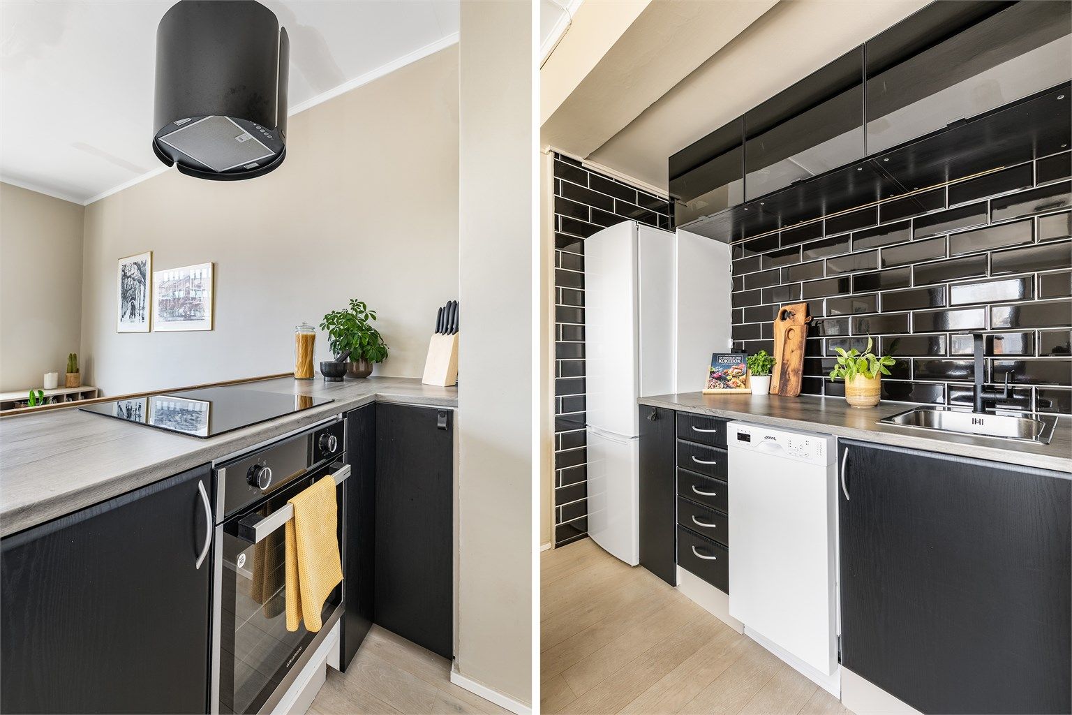 Kjøkkenkroken består dels av ny innredning fra 2023, dels av eldre skap flyttet fra det opprinnelige kjøkkenet. Alle hvitevarer medfølger.