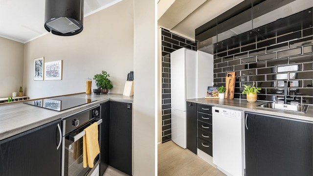 Kjøkkenkroken består dels av ny innredning fra 2023, dels av eldre skap flyttet fra det opprinnelige kjøkkenet. Alle hvitevarer medfølger.