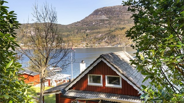 En tretrapp leder ned til hyttetunet fra adkomstveien.