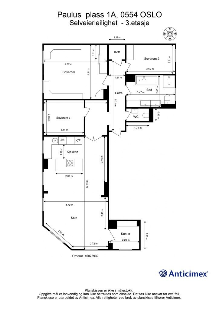 Alternativ planskisse med tre soverom