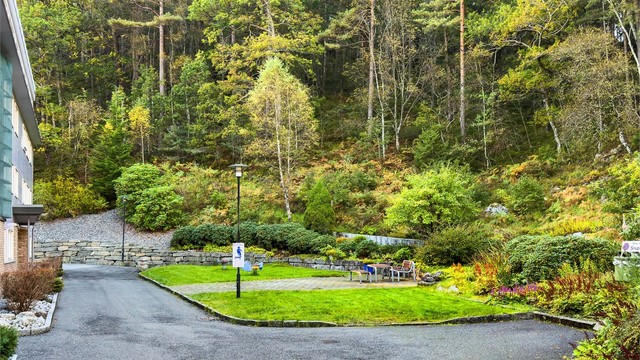 - Felles utearealer med sittebenker og direkte nærhet til skogsområdet -