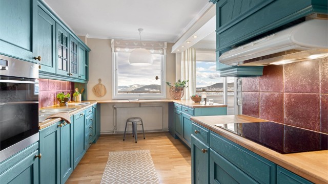 Integrert stekeovn, platetopp, oppvaskmaskin, kjøleskap og nytt avtrekk med kullfilter