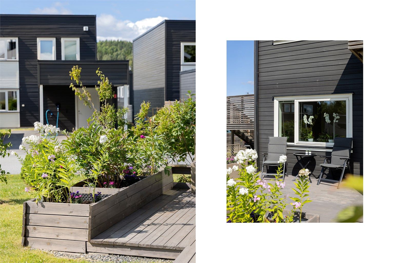 Uteområdet er pent opparbeidet med plen, beplantning og blomsterkasser.