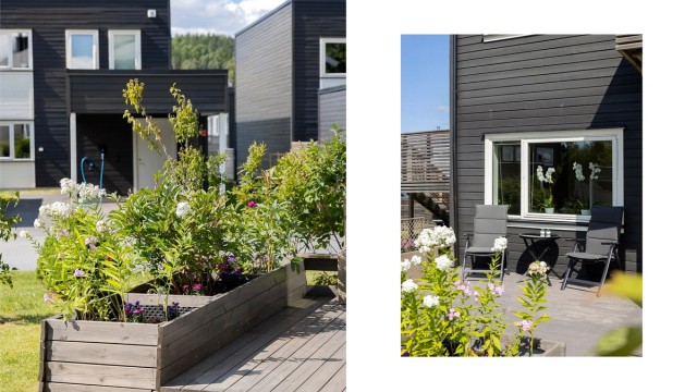 Uteområdet er pent opparbeidet med plen, beplantning og blomsterkasser.
