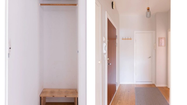 Velkommen inn! En innbydende entré med praktisk, innebygget oppbevaring til yttertøy og sko.