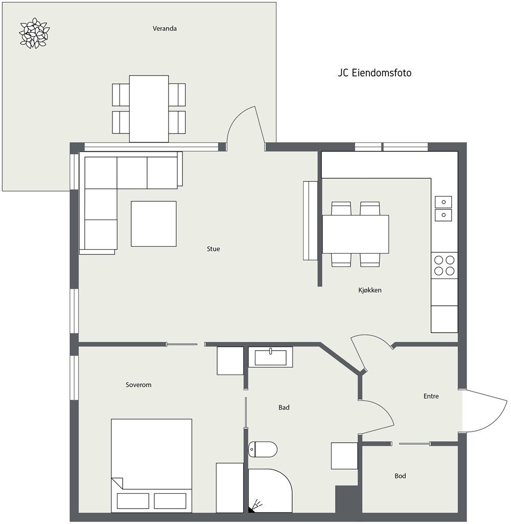 Leiligheten har en arealeffektiv planløsning med alle rom på ett plan.